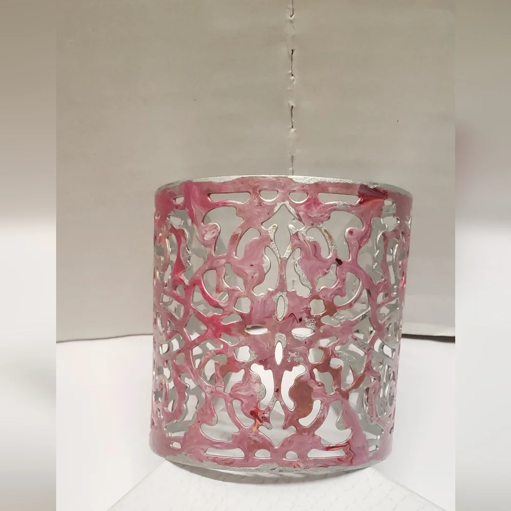 Hand Painted Abstract Pink & Silver Cuff Bracelet Filigree Statement Bracelet